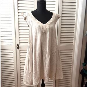Beige Linen Blend Babydoll V-Neck Ruffle Sleeve Mini Dress Pockets Sz S
